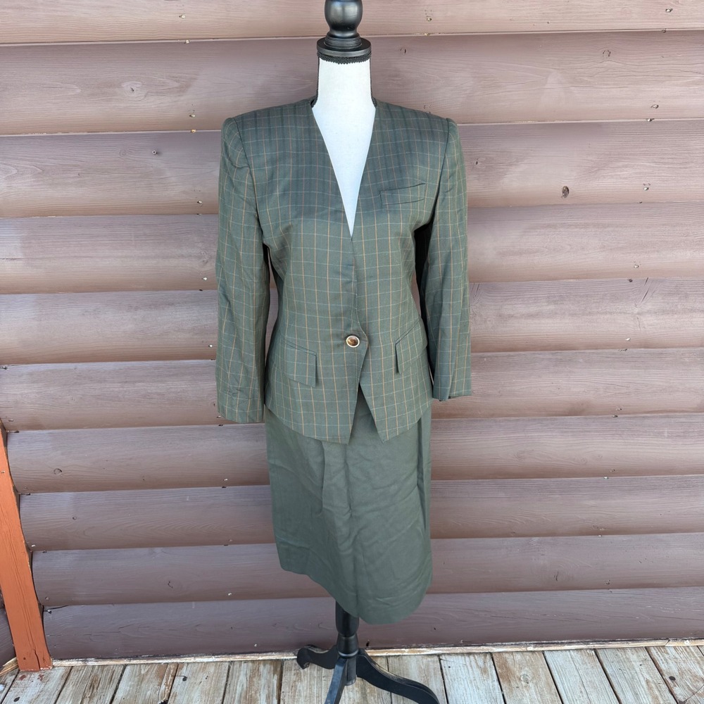 Vtg 90s Kasper Dark Academia Skirt Suit Sage Green Plaid Office Siren Set Sz 6
